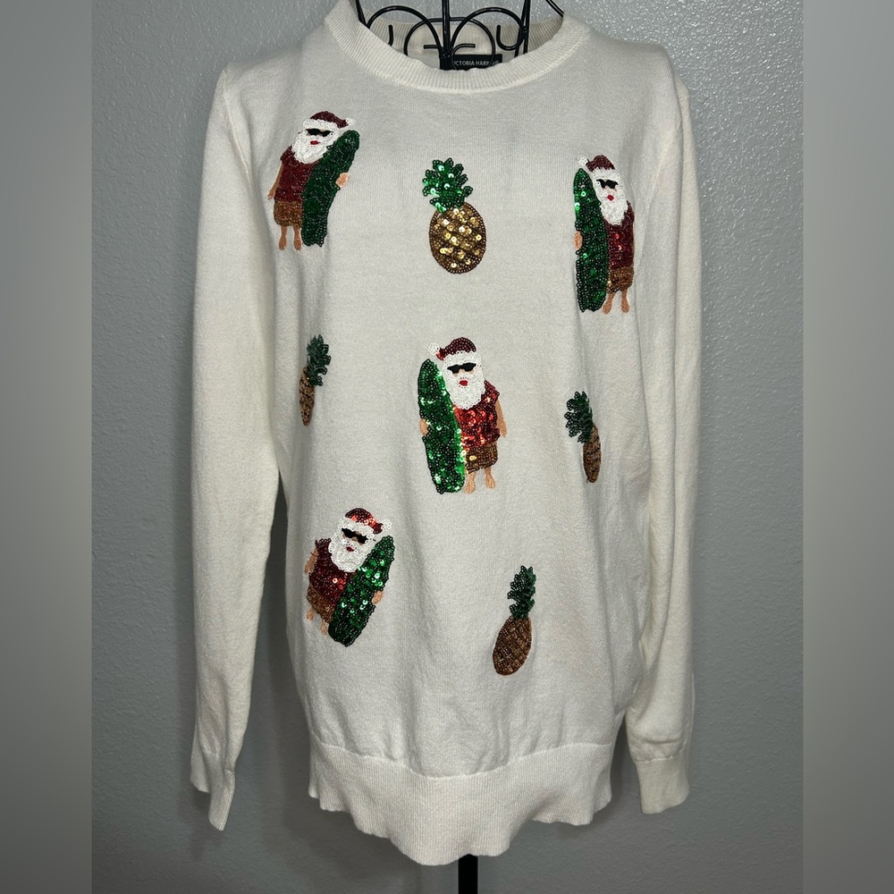 Victoria Harbour White Sequin Christmas Sweater Santa & Pineapple Size M NWT